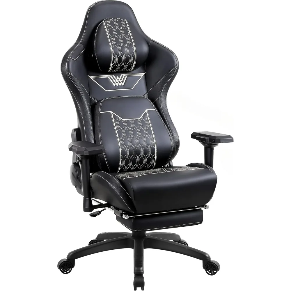 Silla de juegos grande y alta con reposapiés, silla de oficina ergonómica de espalda alta con reposacabezas cómodo y soporte Lumbar, 4darmrest