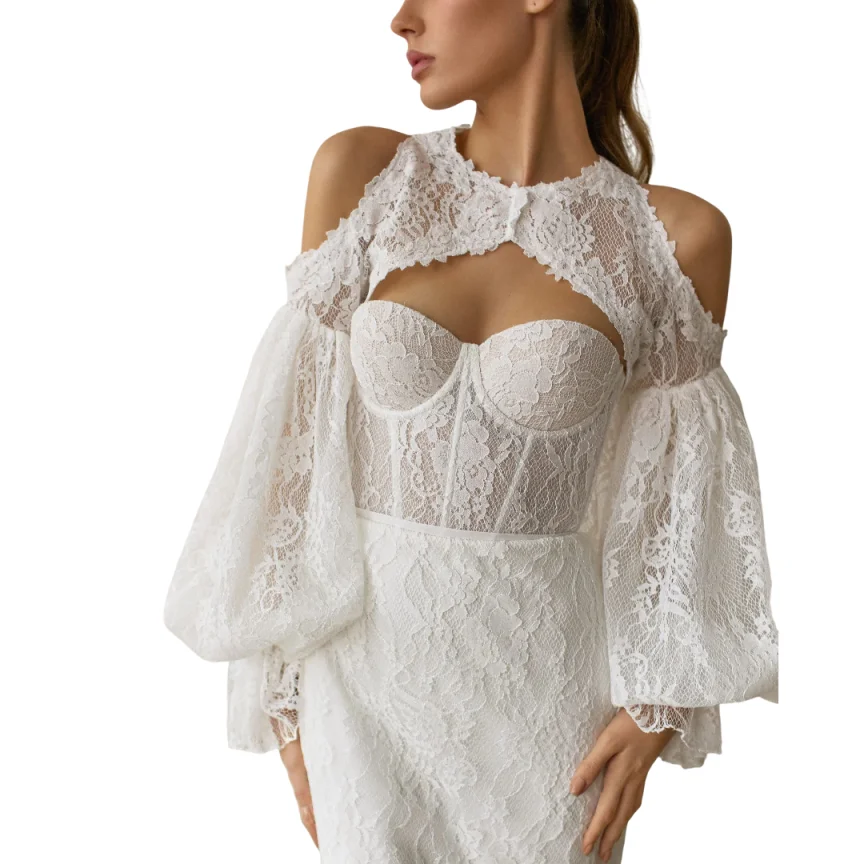 Chic Wedding Jacket Off Shoulder Puff SleeveFloral Lace Stand Collar Hollow Front Short Bubble Sleeve Bridal Outerwear
