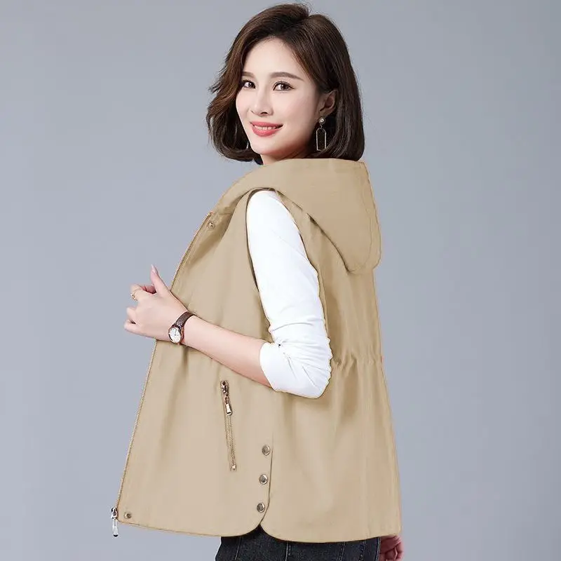 Vest Jacket Women Long Waistcoat Outerwear 2024 New Spring Autumn Middle Aged Loose Sleeveless Hooded Casual Khaki Black Tops