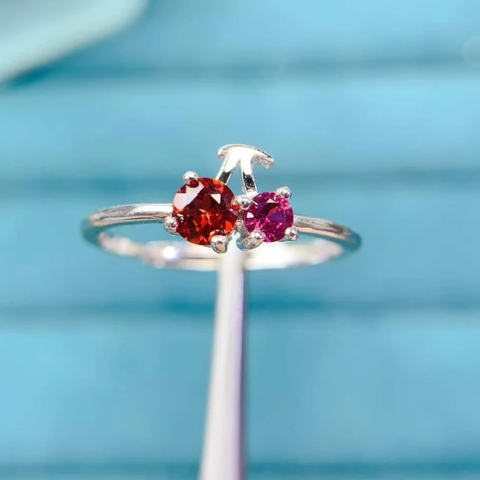 Cute 925 Silver Cherry Ring Natural Garnet Ring with Certificate Genuine Sterling Silver Garnet Jewelry for Girl