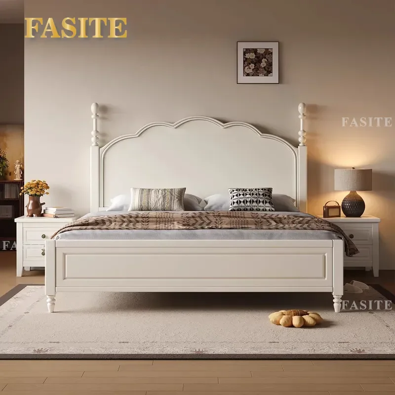 For American French European Style White All Solid Wood Bed 1.8m Double Modern Simple Cream Wind Master Bedroom Furniture
