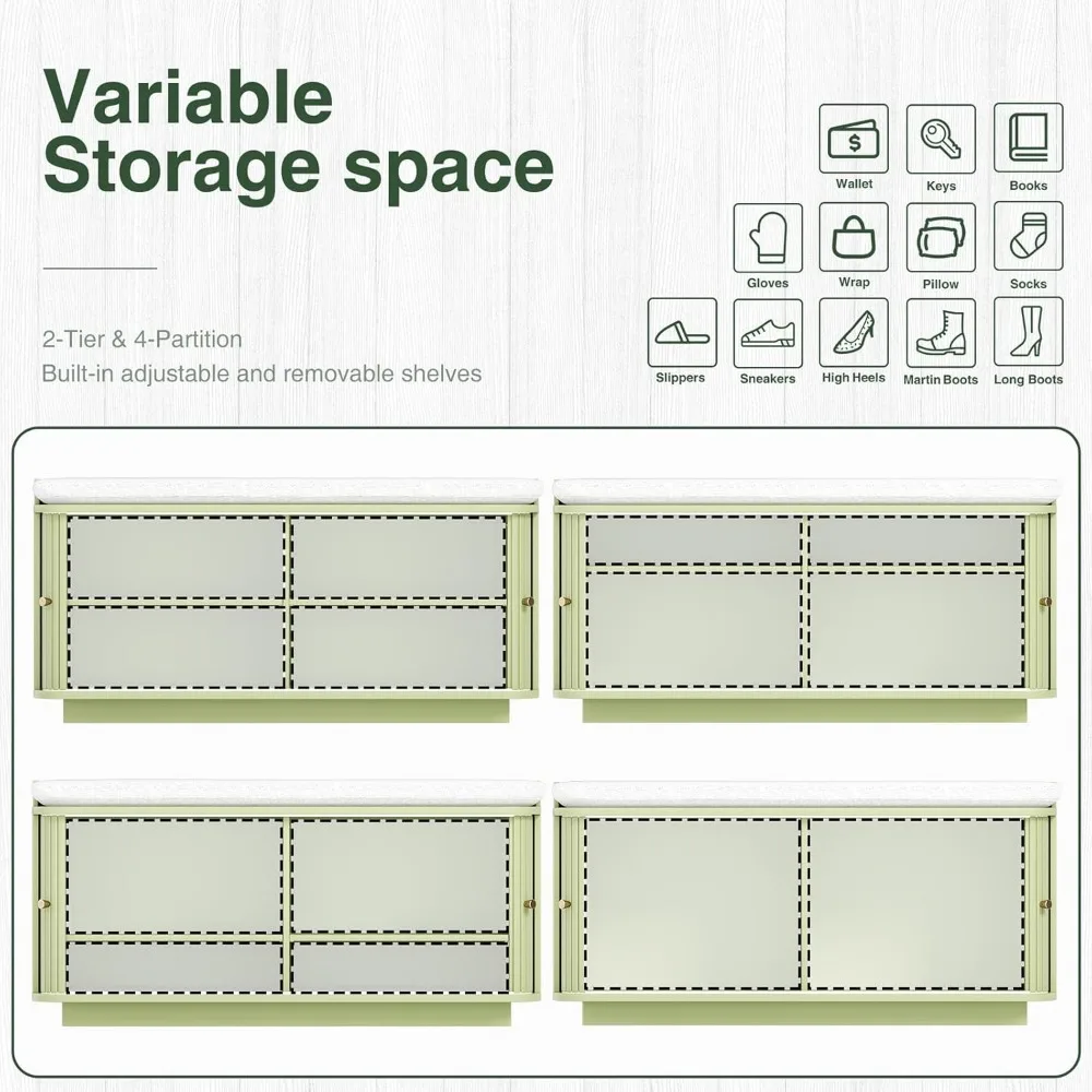 مقعد تخزين الأحذية مع خزانة بباب منزلق، وأثاث المدخل يتميز بخطافات معدنية وحشوة قابلة للتعديل لجهاز معزز
