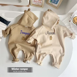 Personalized Autumn And Winter Plush Baby Clothes With Hats, Customized Name For Baby Clothes Aged 0-2 Little Bear Ears Jumpsuit