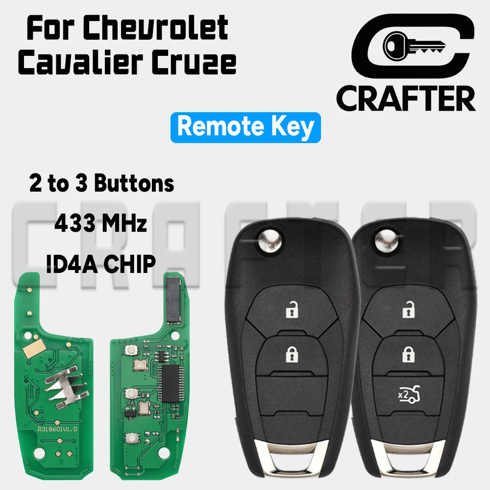 

Key Crafters 433.92 MHz ID4A CHIP Flip Remote Car Key For Chevrolet Cruze 2015 Cavalier Trax Sonic Spark 2019+ 2/3 Buttons