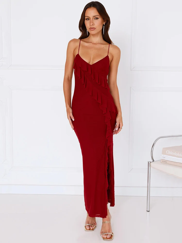 

Blifanbo Spaghetti Strap Sexy Ruffle Maxi Dress Women Summer New Sleeveless Lace-up Backless Split Bodycon Long Dress Elegant