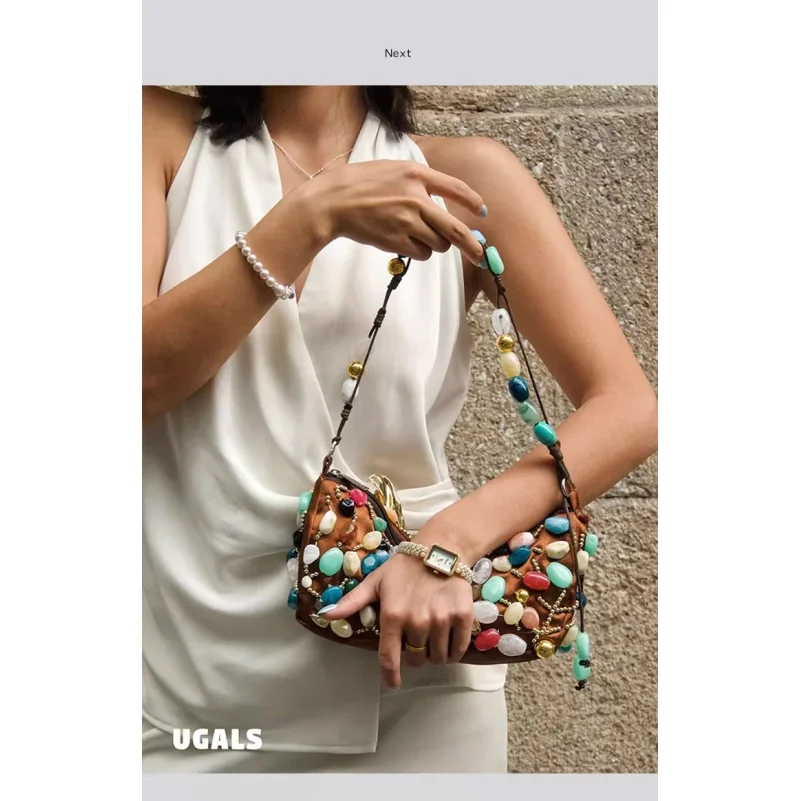 High Quality Colorful Stones Women Handbag Fashion Beads Beading Handmade Shoulder Bag Luxury Clutch Purse Female Casual Bag