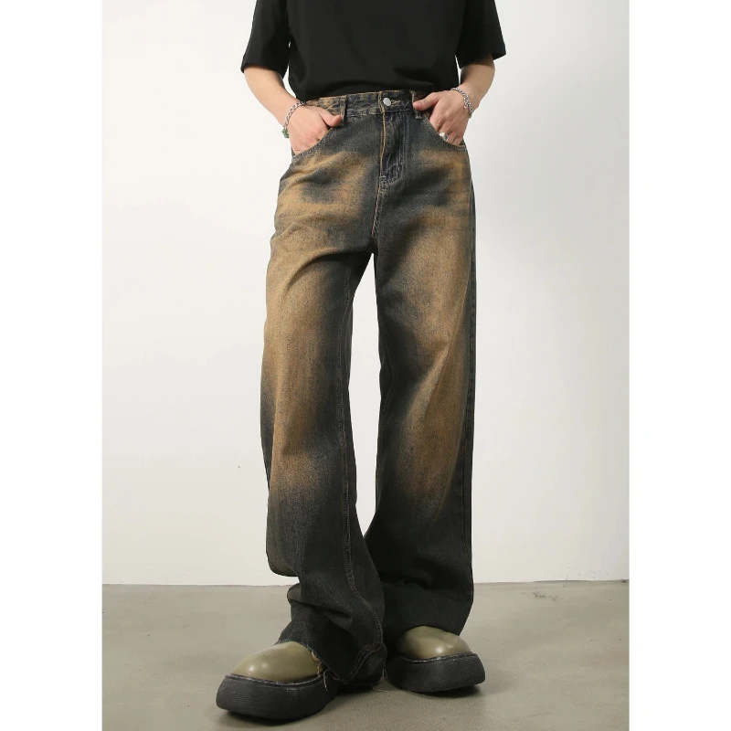 

Мужские винтажные джинсы в корейском стиле с эффектом потертости, регулируемой талией, свободного прямого кроя, уличные, полноразмерные, из денима