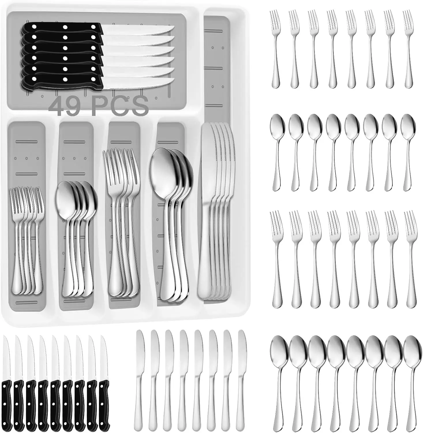 

49PCS Silverware Set with Organizer, Stainless Steel Flatware Drawer Cutlery Set for 8, Kitchen