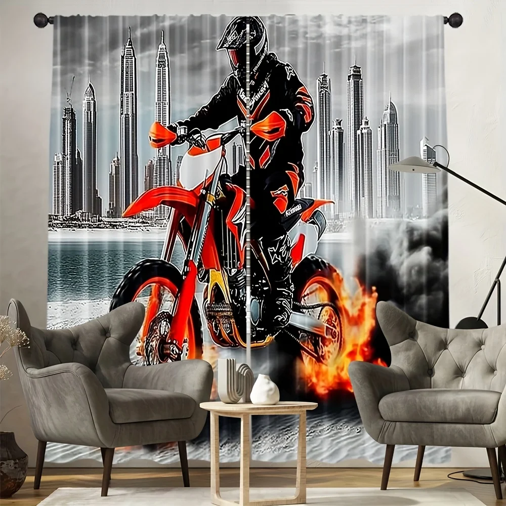 Motocross Rider Curtains City Skyline Art Window Drapes Urban Adventure Design Home Decor Adventure Theme Living Roo