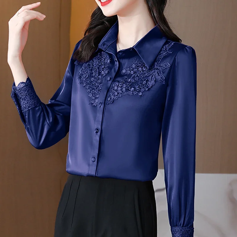 New Fashion Satin Women Blouse with Lace 2024 Office Lady Elegant Long Sleeve Women Shirts Buttons Female Clothing Blusas N38