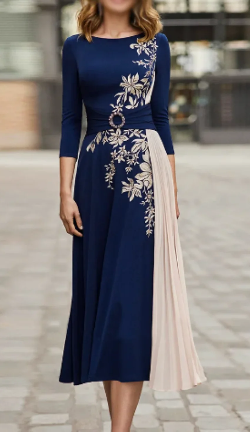 Vestido de renda plissado para convidados, vestido de casamento comprido em chá, vestidos de baile simples, manga 3/4 longa, azul marinho para a mãe da noiva