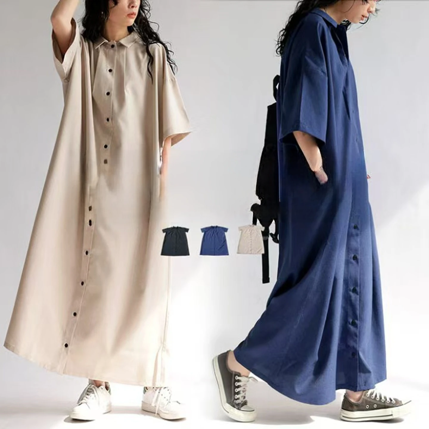 Loose Bohemian Style Women's Dress Spring Summer New Anti-Lazy Artistic Windbreaker Casual Daily Short Sleeve Polyester Fiber