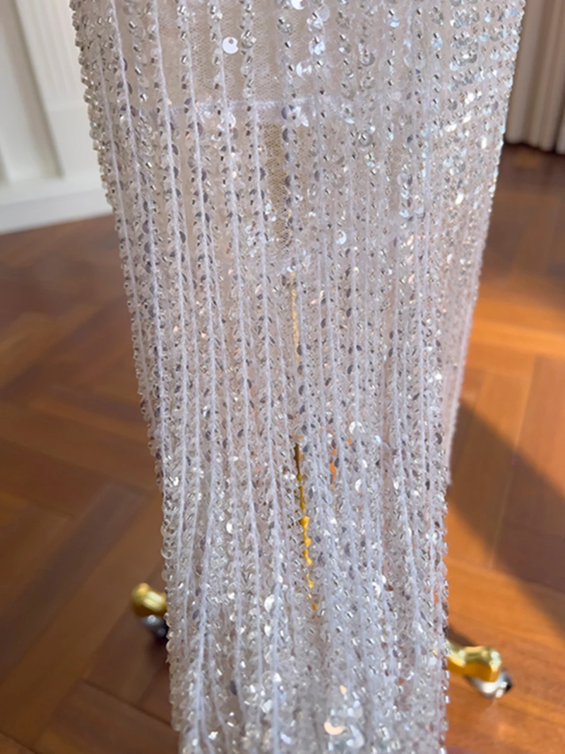 Ele Hoge Taille Slim Fit Kwastje Trim ter Ne Tweedelige Set Faion Klassieke Midi Rok Met Pailletten Sexy Chique Amber Top