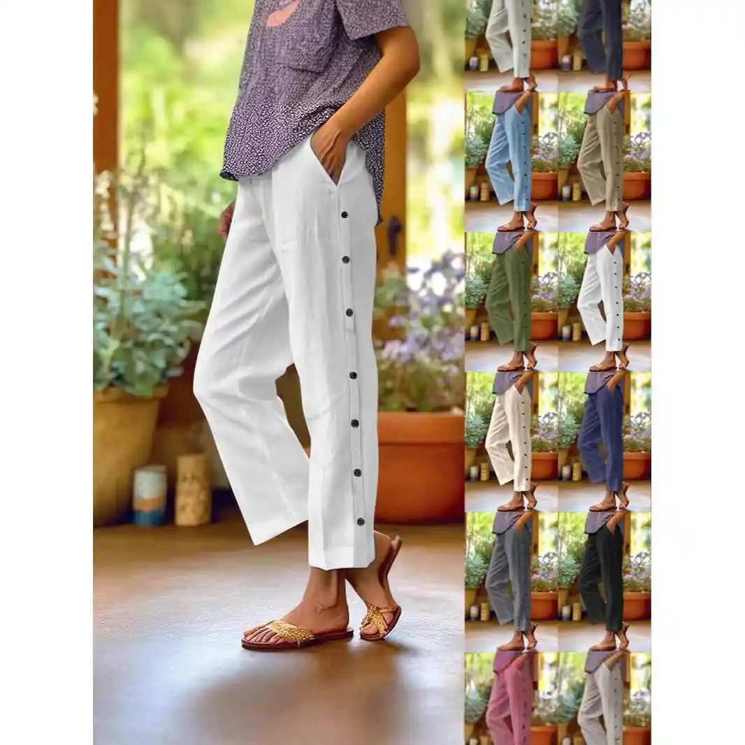 

Женские дышащие укороченные брюки из хлопка и льна, удобные повседневные брюки свободного покроя с эластичной резинкой на талии и деталями