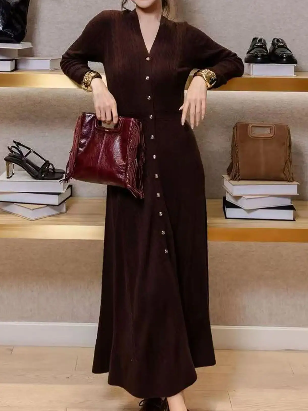 

Fall/Winter Women V-Neck Long Sleeve Single-breasted Solid Knit Maxi Dress Slim Vintage Elegant Pleated Knitwear Long Skirt