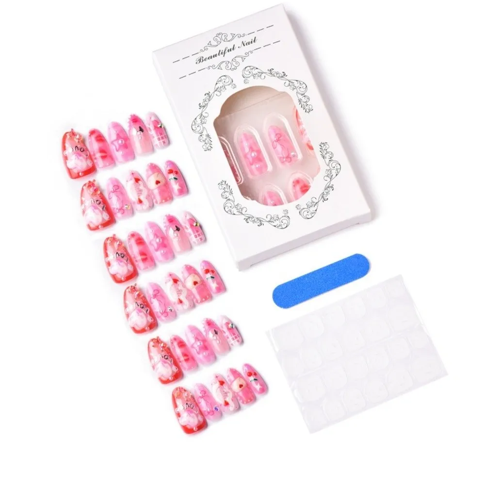 30pcs New Sweet Fake Nail Tips Pink Flower Designs 3D Flower False Nails French Extended Nail Extensions Gift Giving