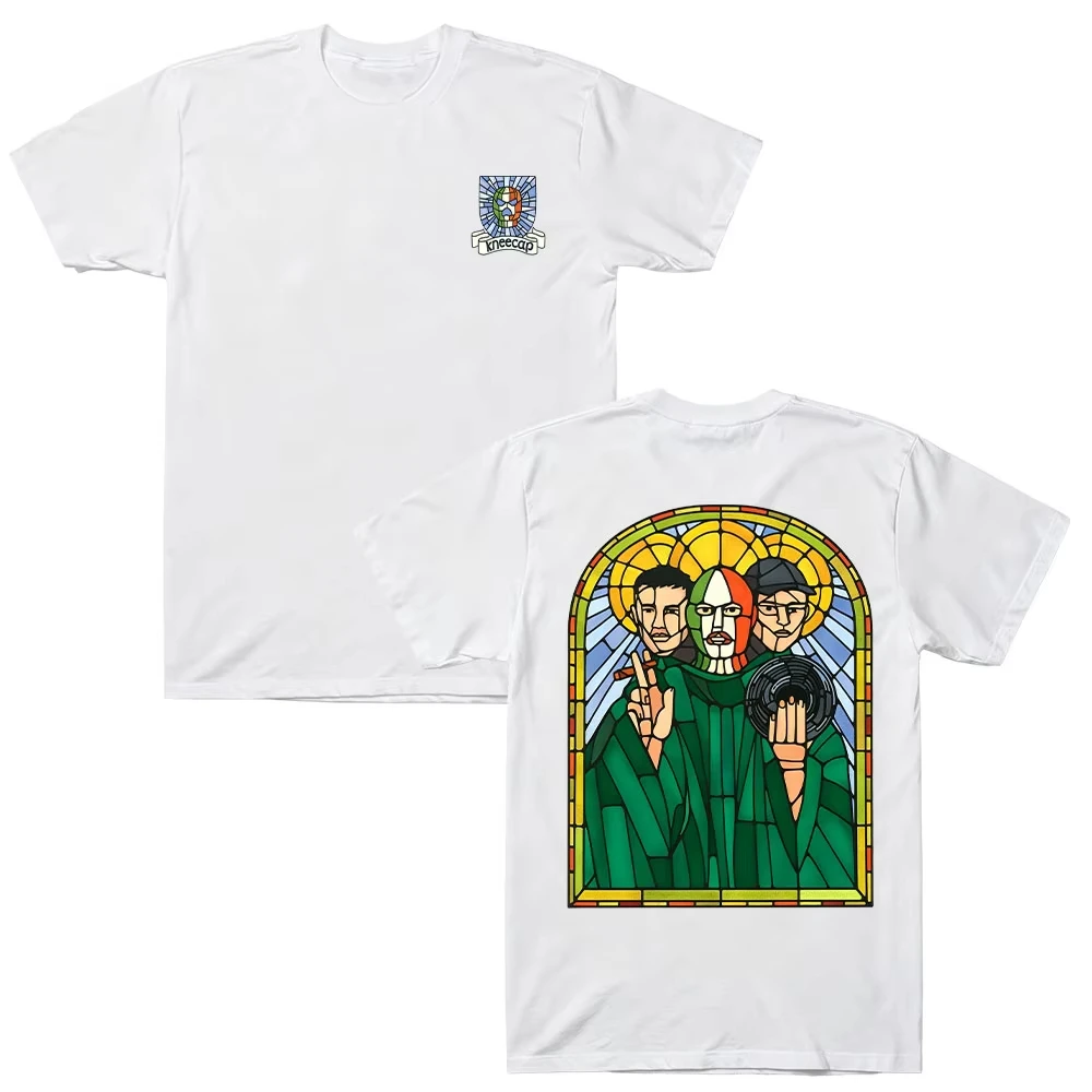 Stained Glass Tee Kneecap Graphic Print T‑shirt Men Women Streetwear Hip Hop Harajuku Fashion Rap Band Short Sleeve Oversize Tee