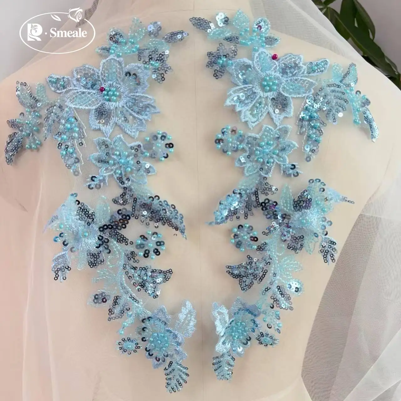 10 Stück/2 Stück. Bestickte Spitze mit mehrfarbigen Perlen, Perlenstickerei, Blumen-Pailletten, handgemachter DIY-Spitzen-Applikations-Patch. – Detail 12