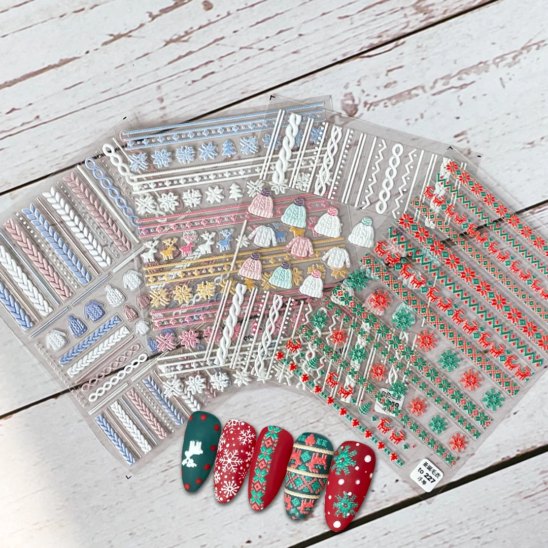 Christmas Cute Sweater High Quality 5D Acrylic Engraved Nail Sticker Sweater Snowflake Floral Patterns Nail Water Decals Winter