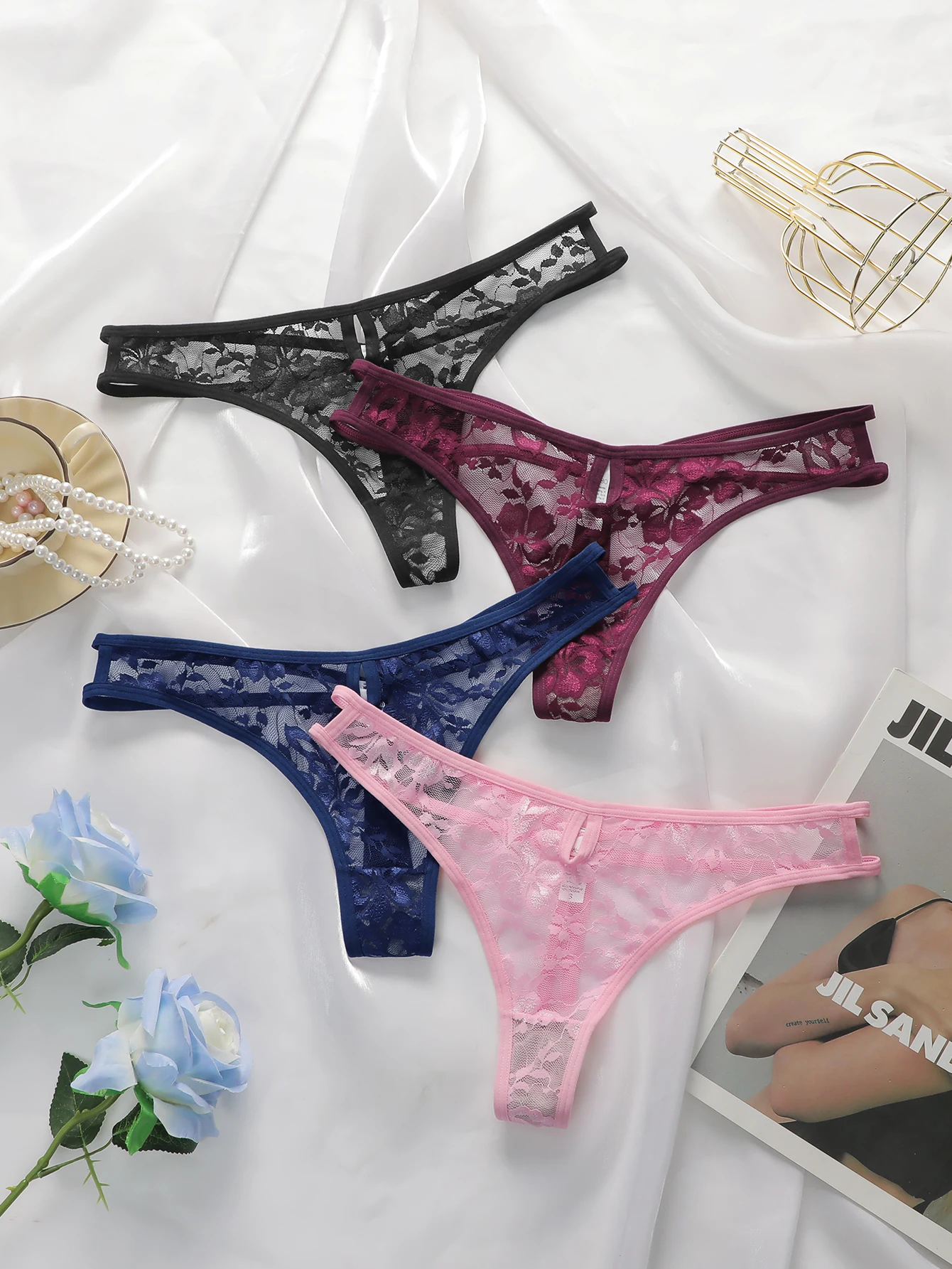 Hot Selling New Transparent Multi-color Lace Sexy Underwear For Women\'s Trackless 4-piece Invisible Thong Underwear C864