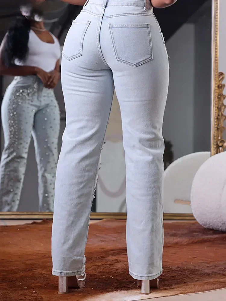 Plus Size damskie koraliki jeansy z wysokim stanem Slim Casual spodnie denimowe Vintage moda 2024 Streetwear proste dżinsy spodnie