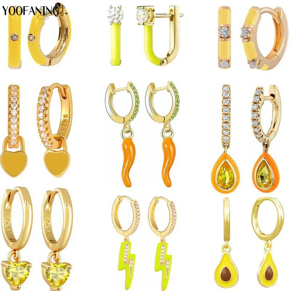 925 Sterling Silver Ear Needle Colorful Hoop Earrings Yellow Zircon Fruit Chili Multi Series Women's Earrings Jewelry Party Gift