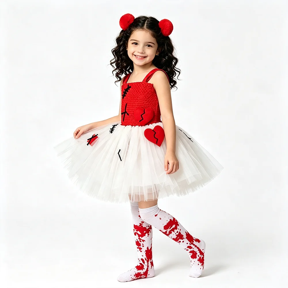 Girls Broken Doll Tutu Dress Creepy Stitched Doll Halloween Costume with Pom Pom Hair Tie & Socks Kids Carnival Party Outfit