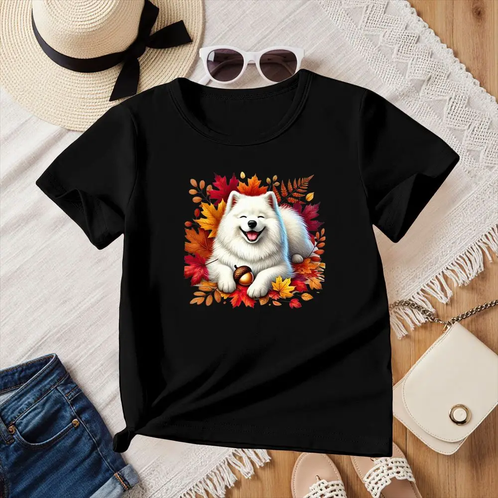 Cute Samoyed Dog Autumn Leaves Graphic T-Shirt Women Short Sleeve Cutecore Clothing Summer Fall Casual Free Clothing Clearance