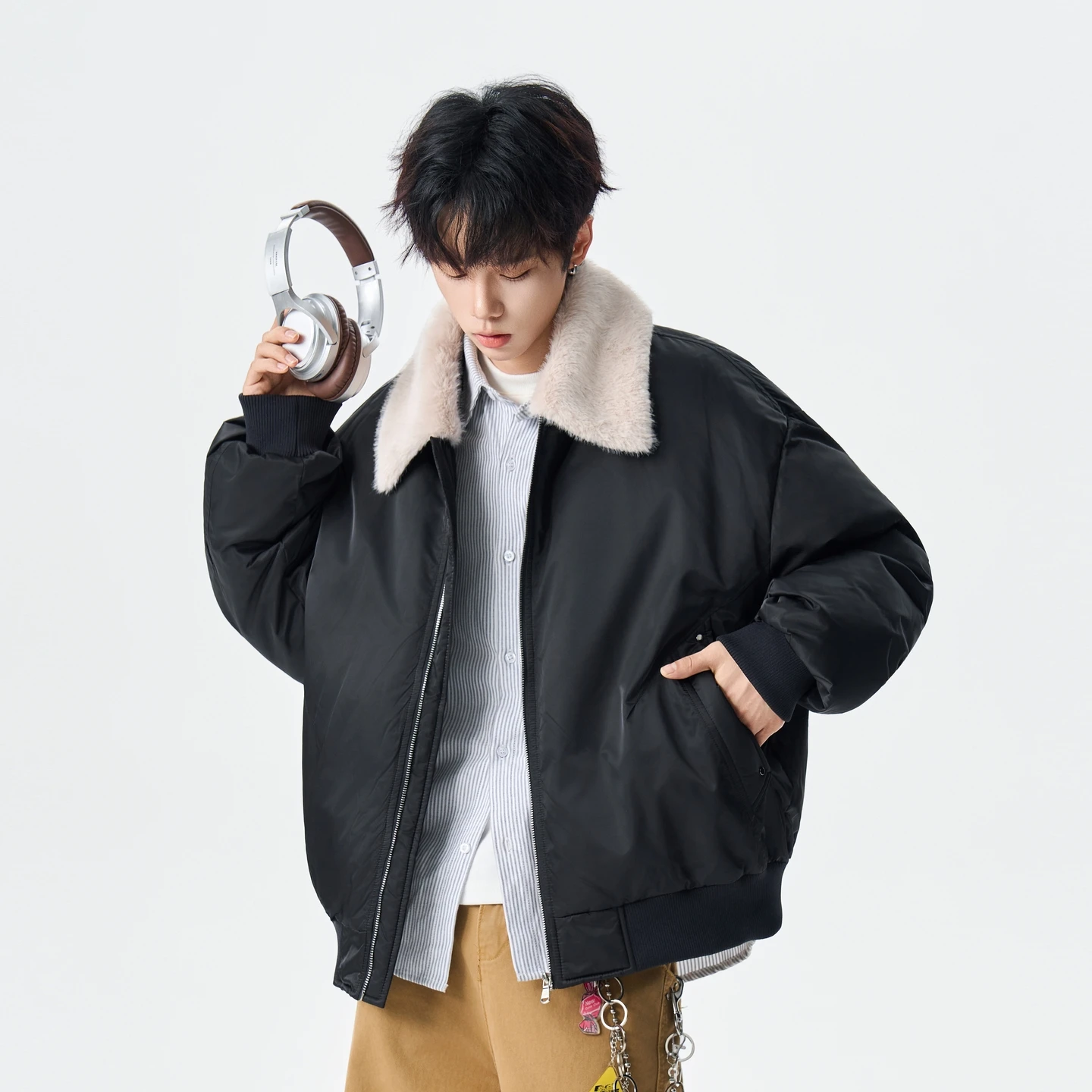 

Warm Casual Loose Men's down Jaet Stand Collar Polyester Fiber Stand Fit Long Sve Youth Winter Faionable Jaet