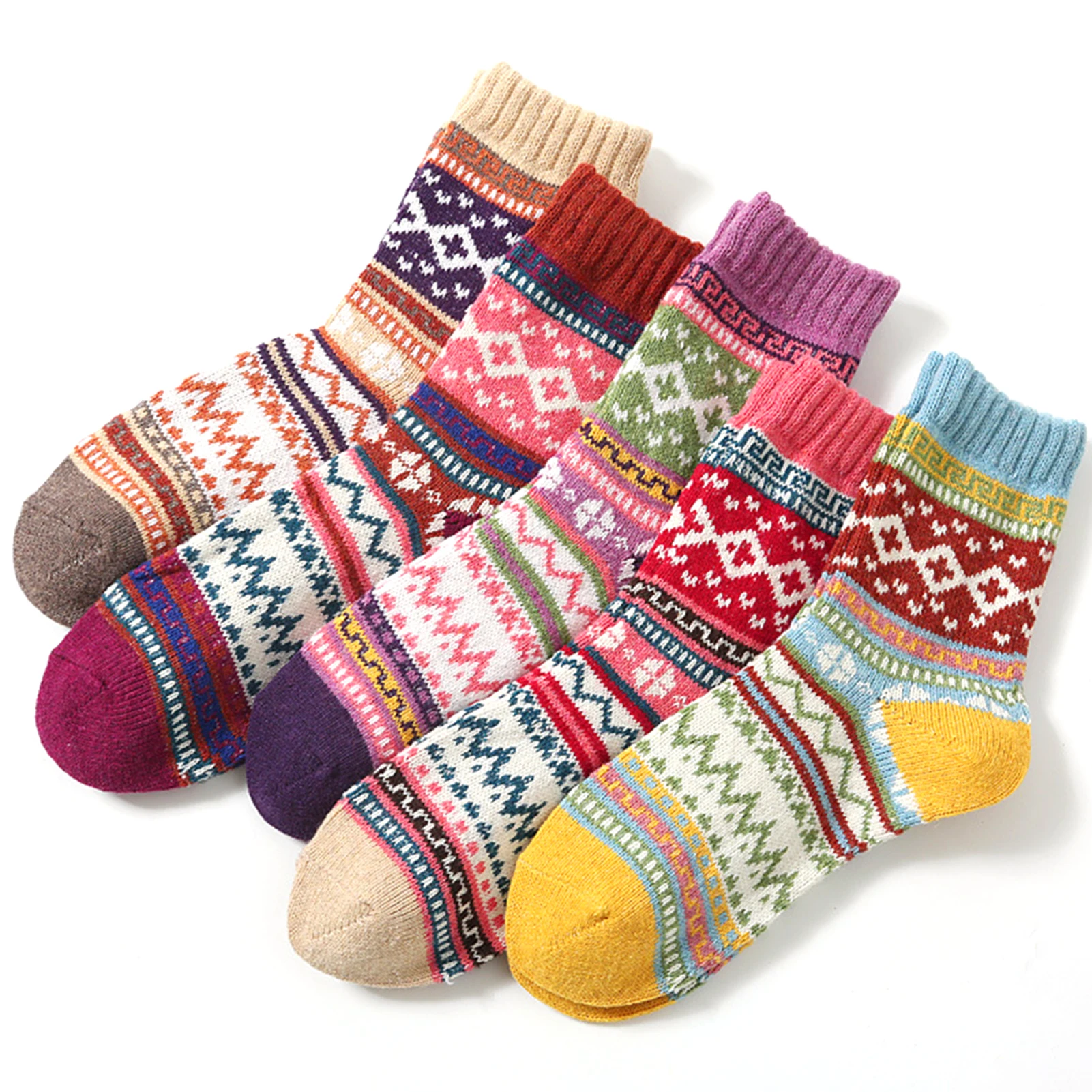 

5 Pairs Women Wool Socks Colorful Soft Warm Ethnic Style Socks Warm Cabins Nordic Socks Funny Sweat Wicking Socks For Daily Wear
