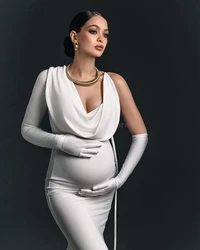 Maternity Fashionable and Sexy V-neck Bodycon Dress with One Shoulder - Pure Color Stylish Design Gloves for Photography Parties