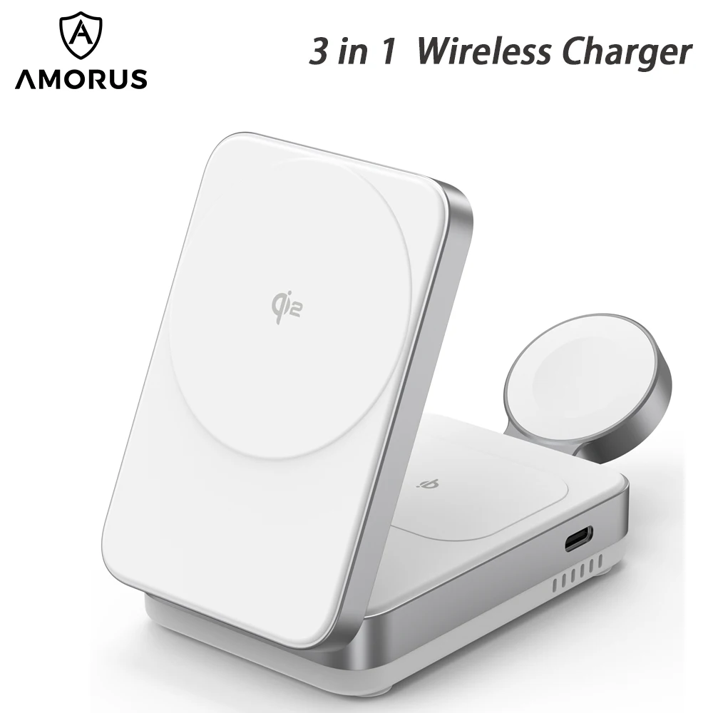 

AMORUS Qi2 3-in-1 15W Magnetic Wireless Charger for Apple Watch/iPhone/Earphone Aluminum Alloy Frame Fast Charger