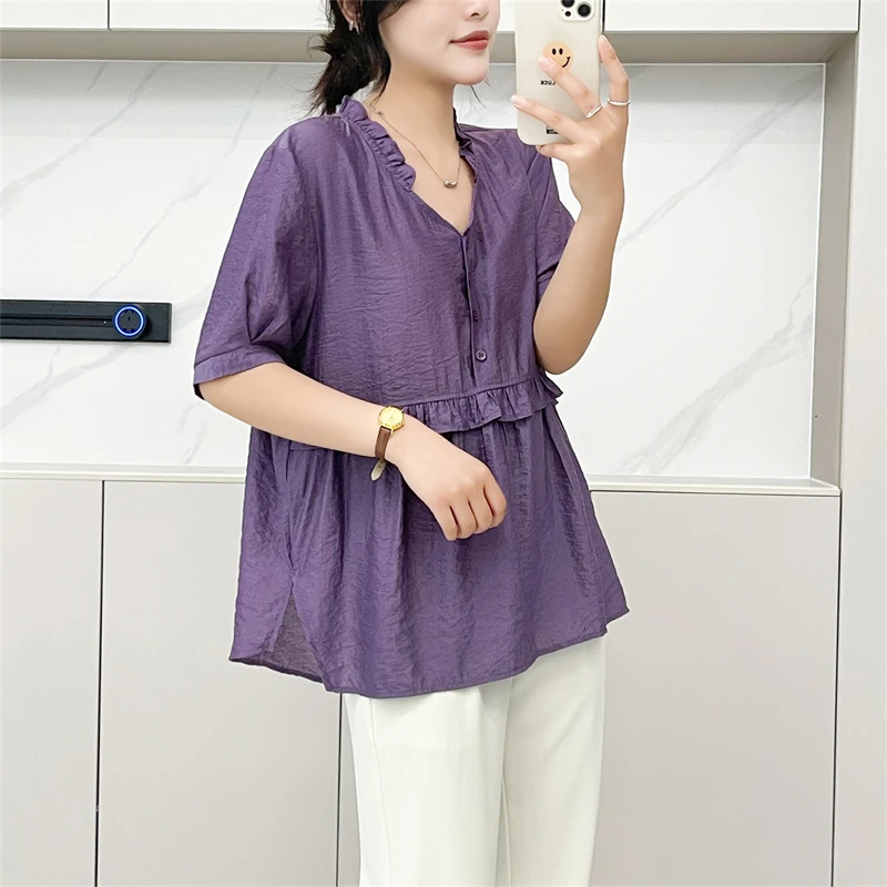 Or Sve – haut ample en soie pour femmes, ample, décontracté, taille haute, grande taille, détail de boutons, rond, couleur Pure, été