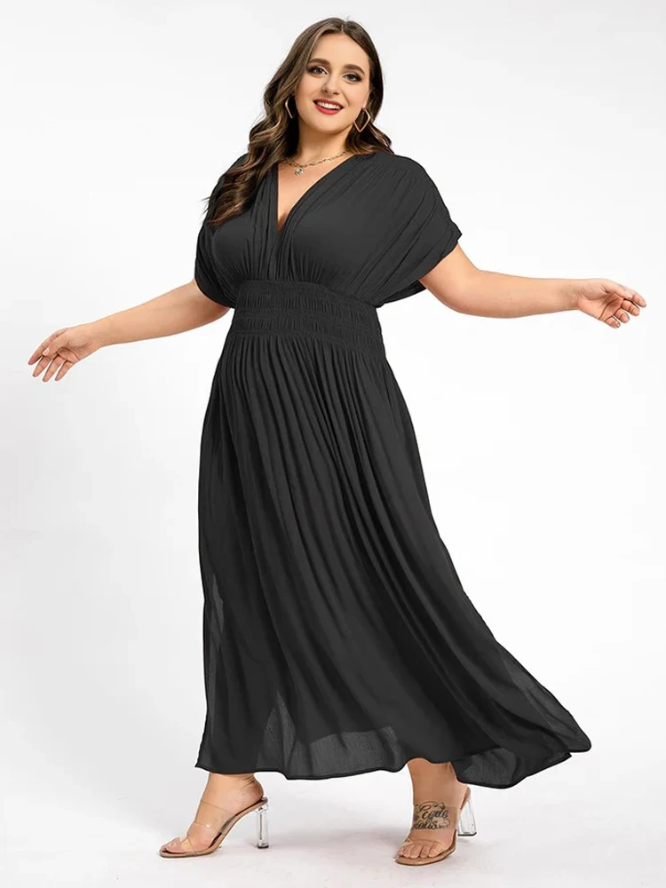 Summer Original Black Chiffon Dress Solid Color V-neck Women's Casual Dress Elegant Wrinkled Bat Sleeve Women's Long Dress