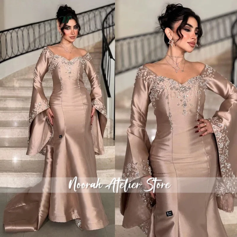 

Модные платья для выпускного вечера для женщин с v-образным вырезом и длинными расклешенными рукавами и кристаллами для особых случаев, атласное платье русалки по индивидуальному заказу