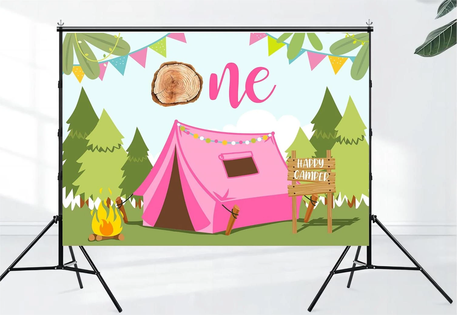 Pink Camping 1st Birthday Forest Cartoon Forest Hunting Jungle Bonfire Background Boys and Girls Party Decoration