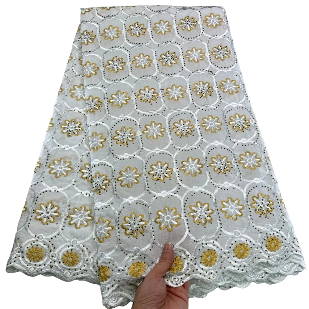 New African 100% Cotton Lace Fabric With Stones 2025 Hot Sale Swiss Voile Lace in Switzerland For Women Dresses Material 23A115