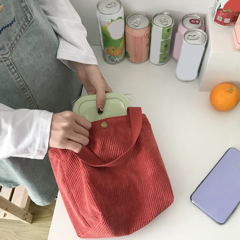 Borsa per il pranzo in tela di velluto a coste Lunch Box coulisse Picnic Tote Eco Cotton Cloth piccola borsa contenitore per la cena sacchetti per