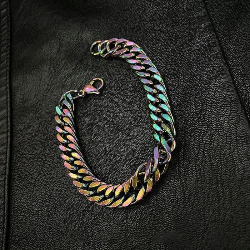316L Stainless Steel Colorful Rainbow Cuban Weave Chain Bracelet Men Women Vintage Kpop Pulseras Aesthetic Emo Luxury Jewelry