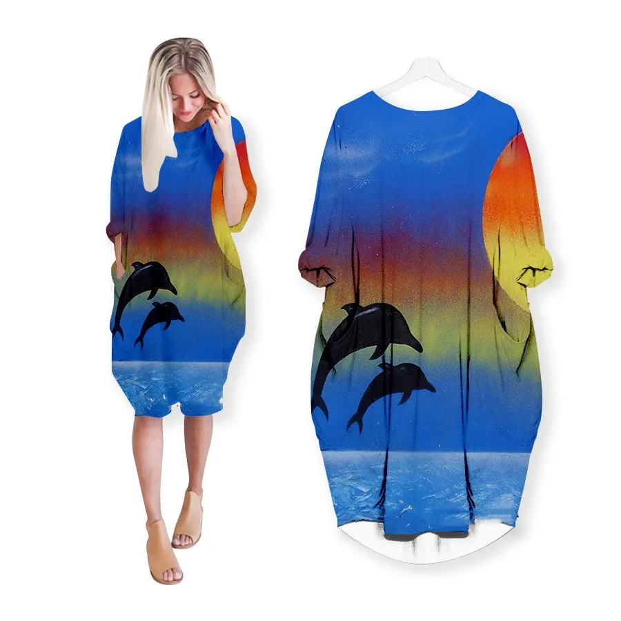 3d Print Dolphin Dresses Fashion Casual Dress Plus Size Women Clothing Pocket Long Sleeve Fat Sister Top Shirt Summer