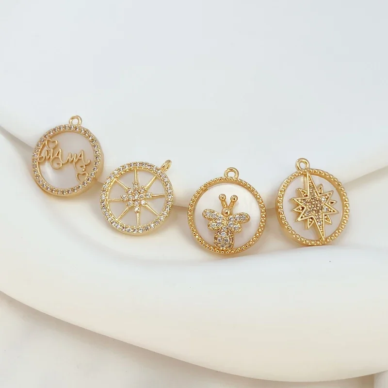 

14K Copper Plated with Real Gold and Inlaid with Zircon, Bee and Star Mama Round Pendant, DIY Handmade Jewelry Accessory