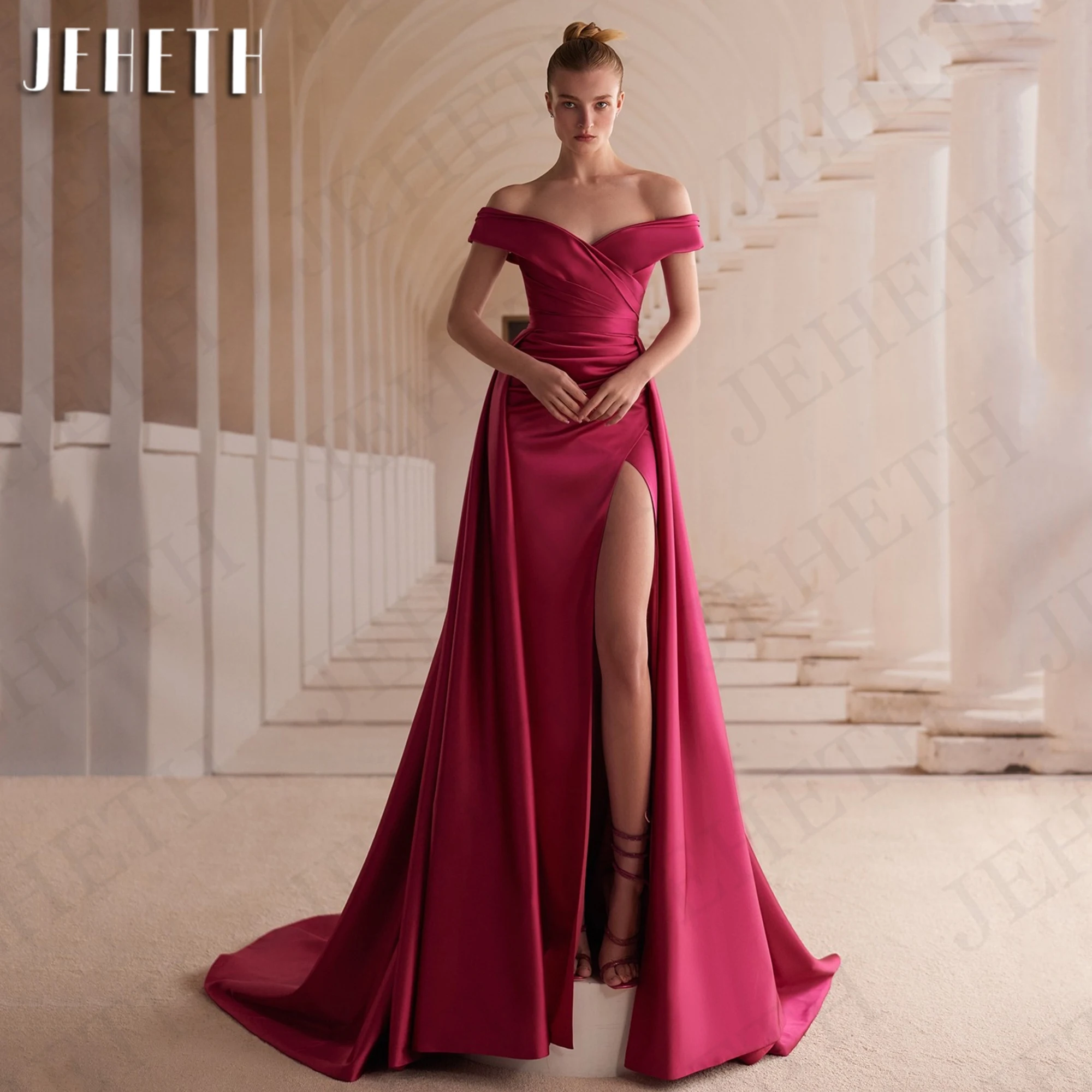 

JEHETH Fuchsia Formal Evening Dresses Women 2024 Satin Detachable Train Off The Shoulder Party Dresses Woman платье вечернее