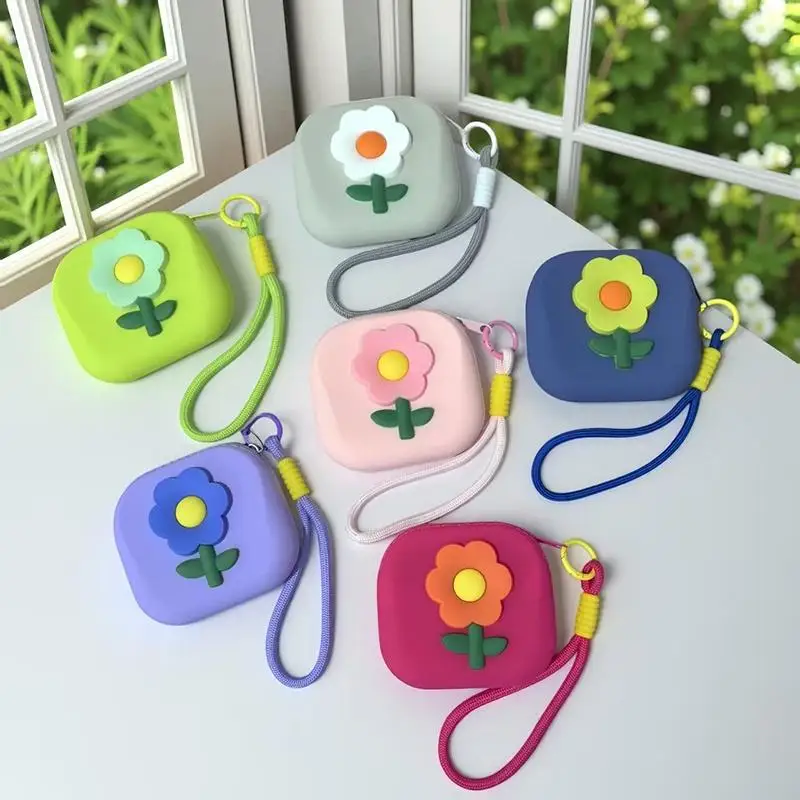 Blumen-Silikon-Aufbewahrungstasche mit Trageband, quadratische Münztasche, wasserdicht, multifunktionale Mini-Geldbörse, Aufbewahrung für Kopfhörer – Detail 1