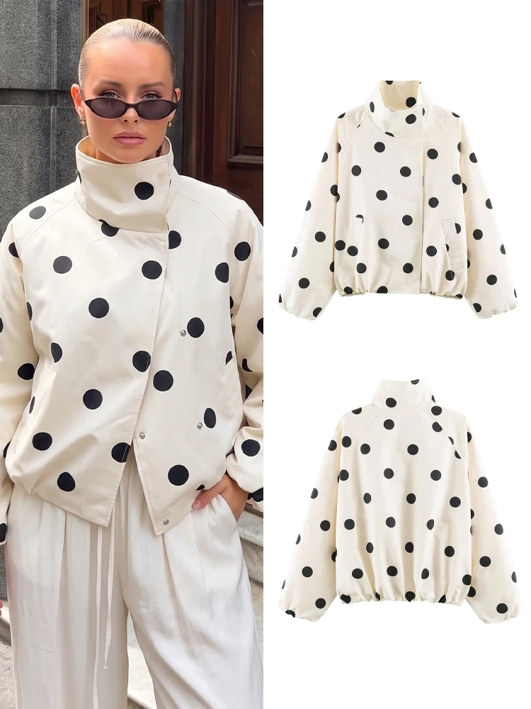 HH Women Chic Turtleneck Jacket Polka Dot Pattern Long Sleeve Loose Double Pockets Top 2026 Spring Autumn New Casual Street Coat