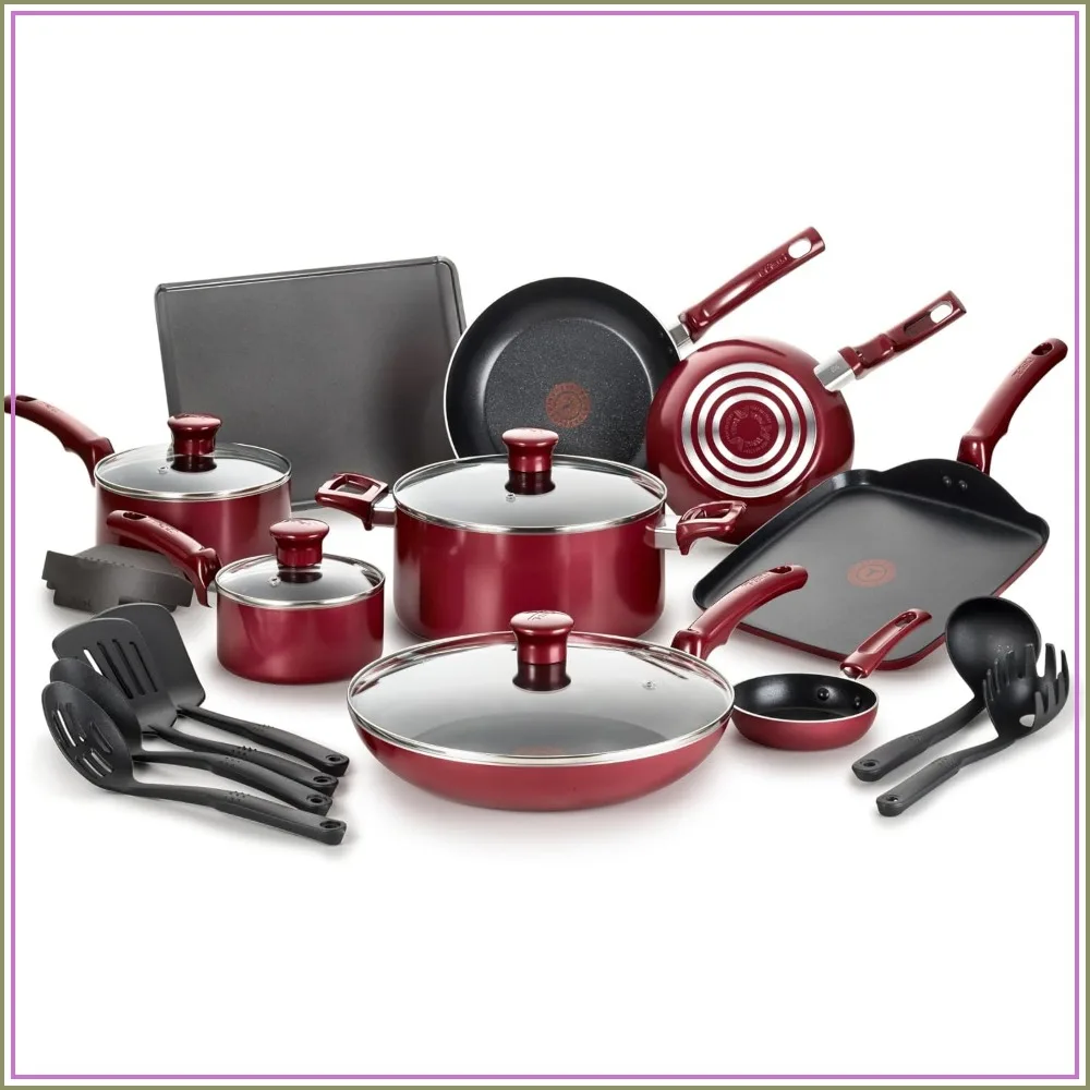 20 Piece Non-Stick Cookware Set Red Pots and Pans Kitchen Cooking Set