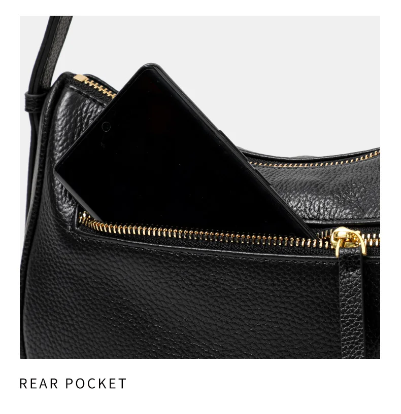 Schwarze Echtleder-Umhängetasche für Damen, Kleine Handytasche, Modisches Accessoire – Detail 15