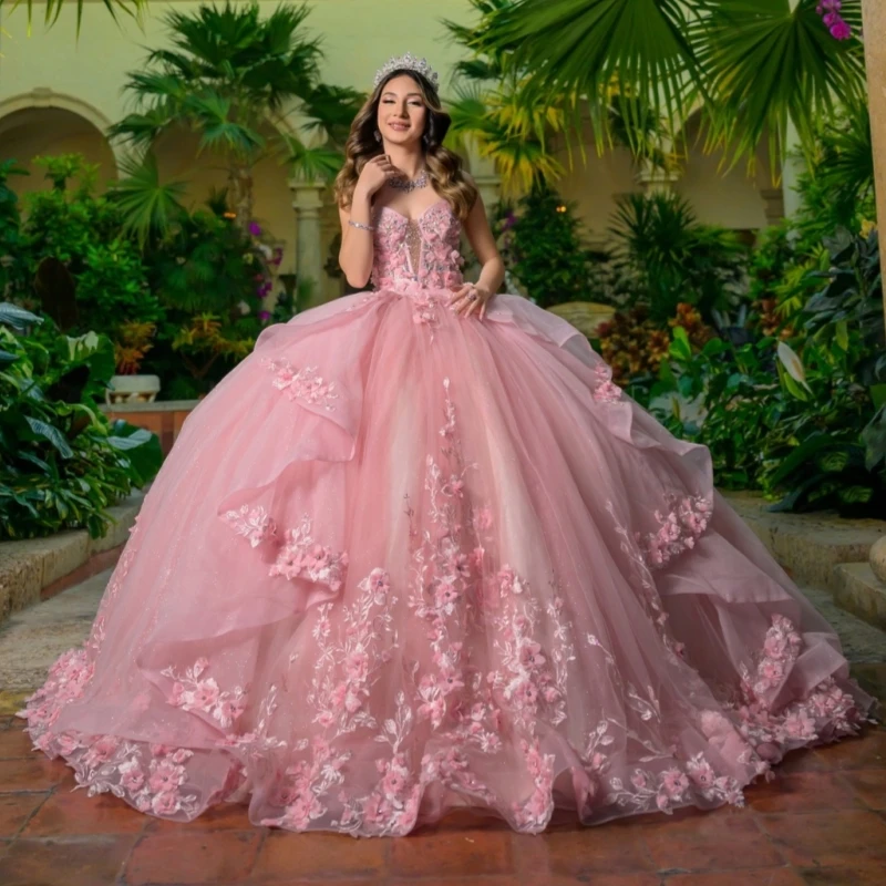 

Розовые блестящие платья Quinceanera с открытыми плечами и аппликацией из цветов и бусин для вечеринки, дня рождения, милое платье 16, Vestidos 15 Anos