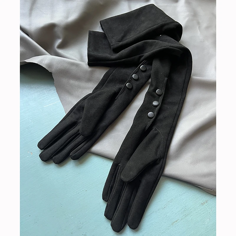 Customized real sheepskin long gloves black, snap buckle, soft Suede