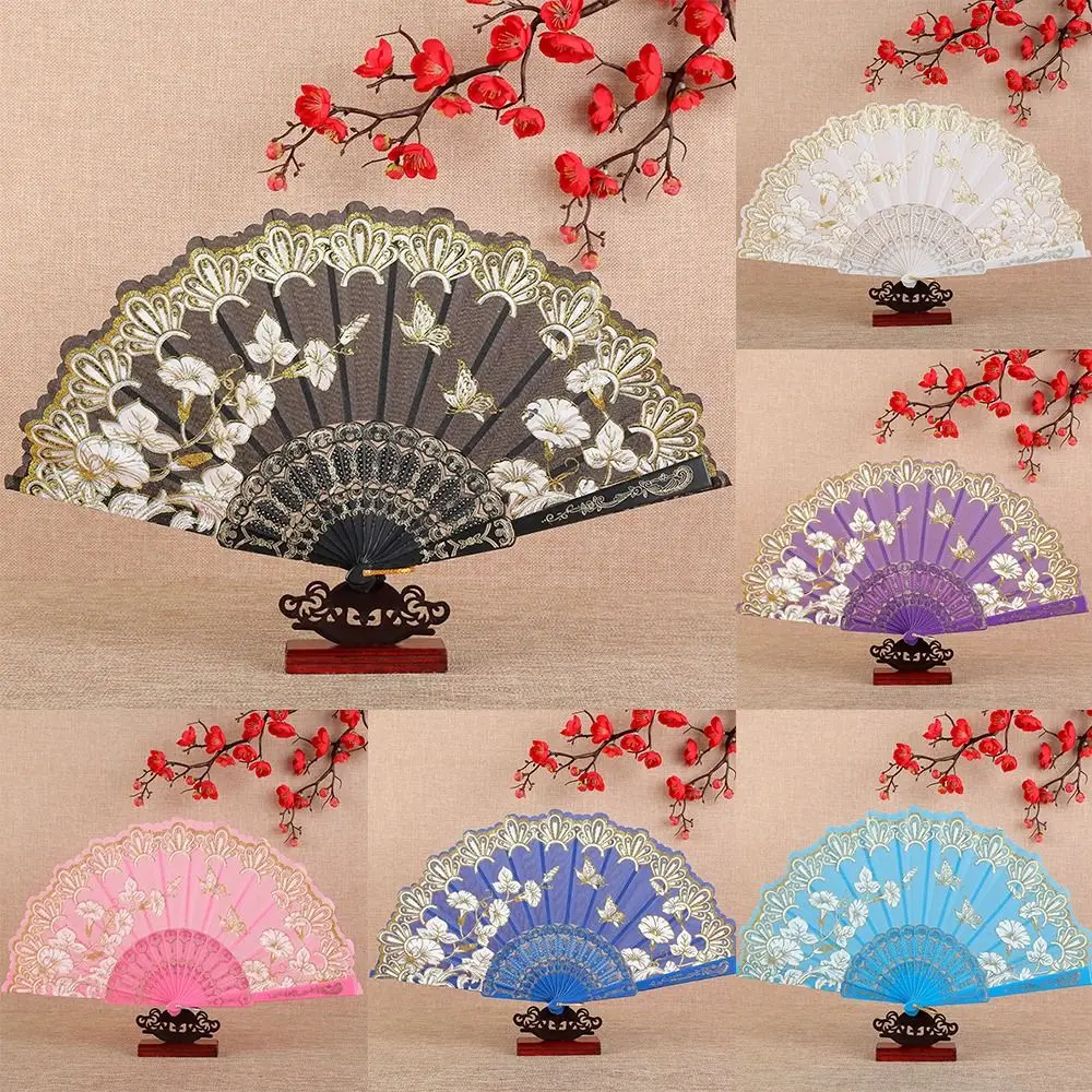 Portable Chinese Style Hand Held Fan Bamboo Flower Pattern Antique Folding Fan Dance Performance Props Home Decoration Dance Fan