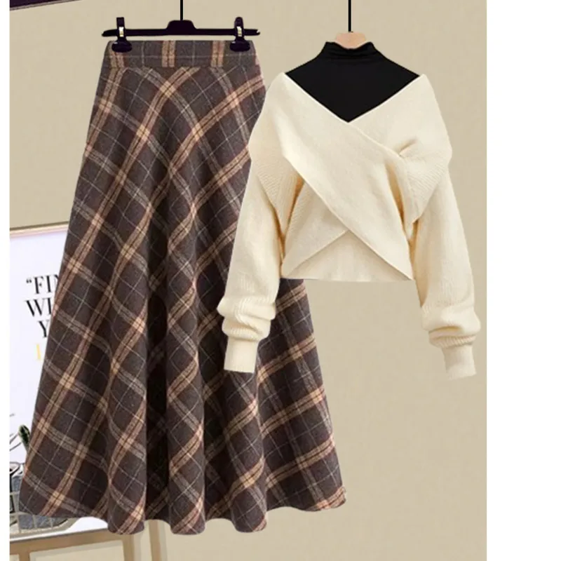 Fall Winter French Retro Plaid Skirts 3 Piece Sets For Woman Outfits Ladies Elegant Basic Shirts+cross Knitted Sweater+Skirt Set